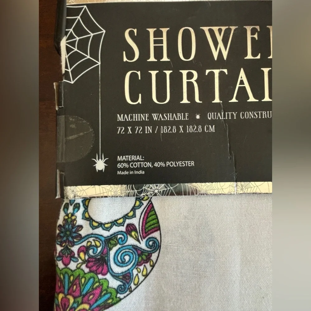 Halloween Shower Curtain - Skull Day of the Dead Color Print. New in Packaging